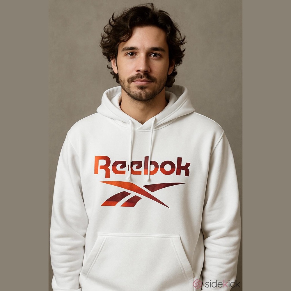 REEBOK Stark White Camo Logo Fleece Long Sleeve Hoodie, Size Medium.